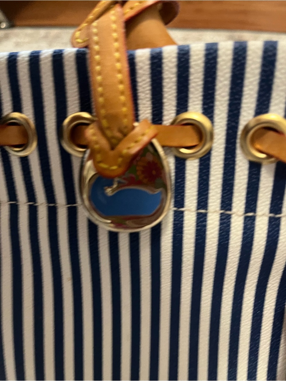Dooney & Bourke Striped Navy & White Satchel with Tan Leather Handles - Picture 2 of 3